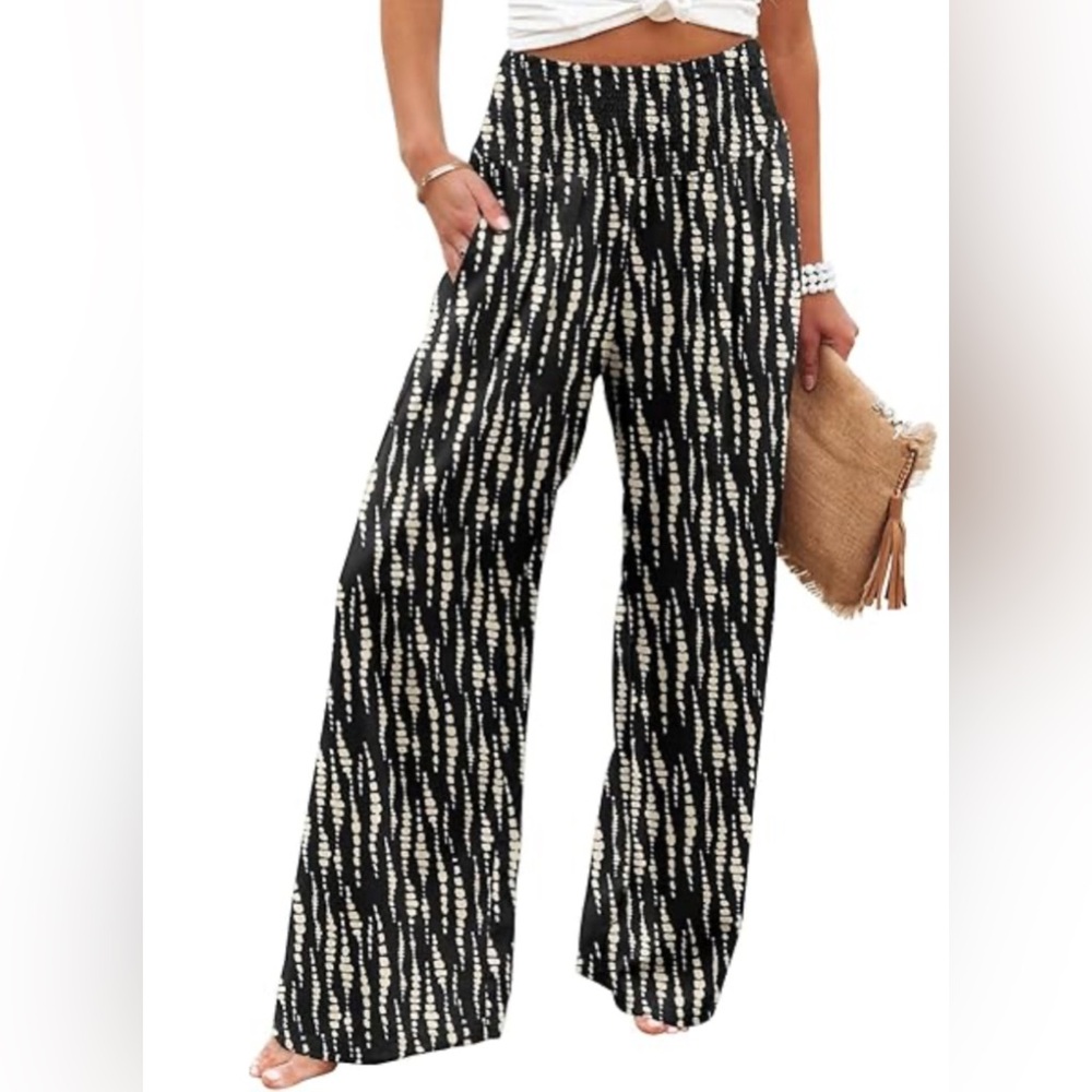 Womens 2XL Black White Print Wide Leg Smocked High‎ Waist Palazzo Pants #784